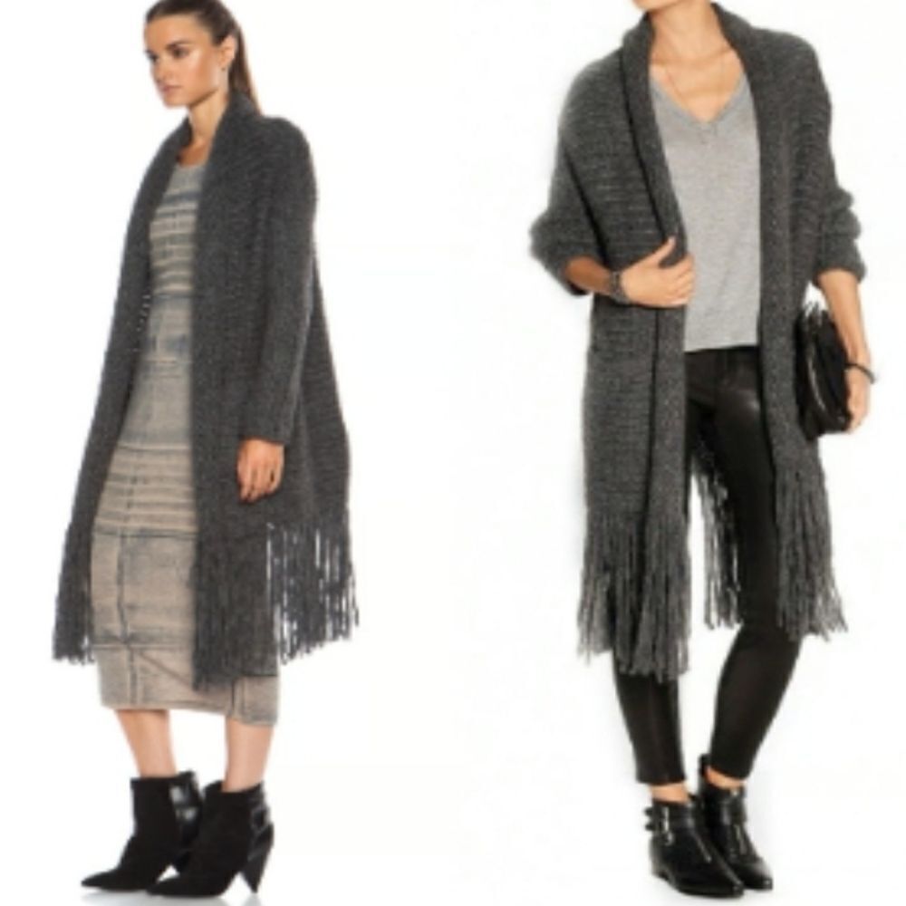 RAQUEL ALLEGRA Baby Alpaca Open Front Sweater Dark Gray, Bohemian Fringe | 3 XL